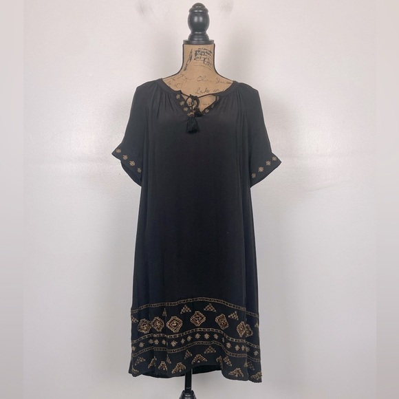 Lucky Brand Embellished Beaded Boho Tunic Midi Dress Size M Black Short Sleeves - Picture 1 of 12